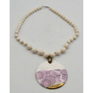 White Beaded Necklace Painted Enamel Ceramic Disc Purple Dipped Gold Pendant 13"